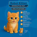 Product specifications for the Kouvr Robot Kitten Interactive Toy, showing its size (7cm x 5cm) and features like lifelike movements and material.