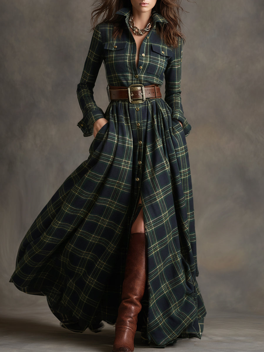 Reddish Brown Plaid Maxi Dress, Retro Ethnic Style with Lapel