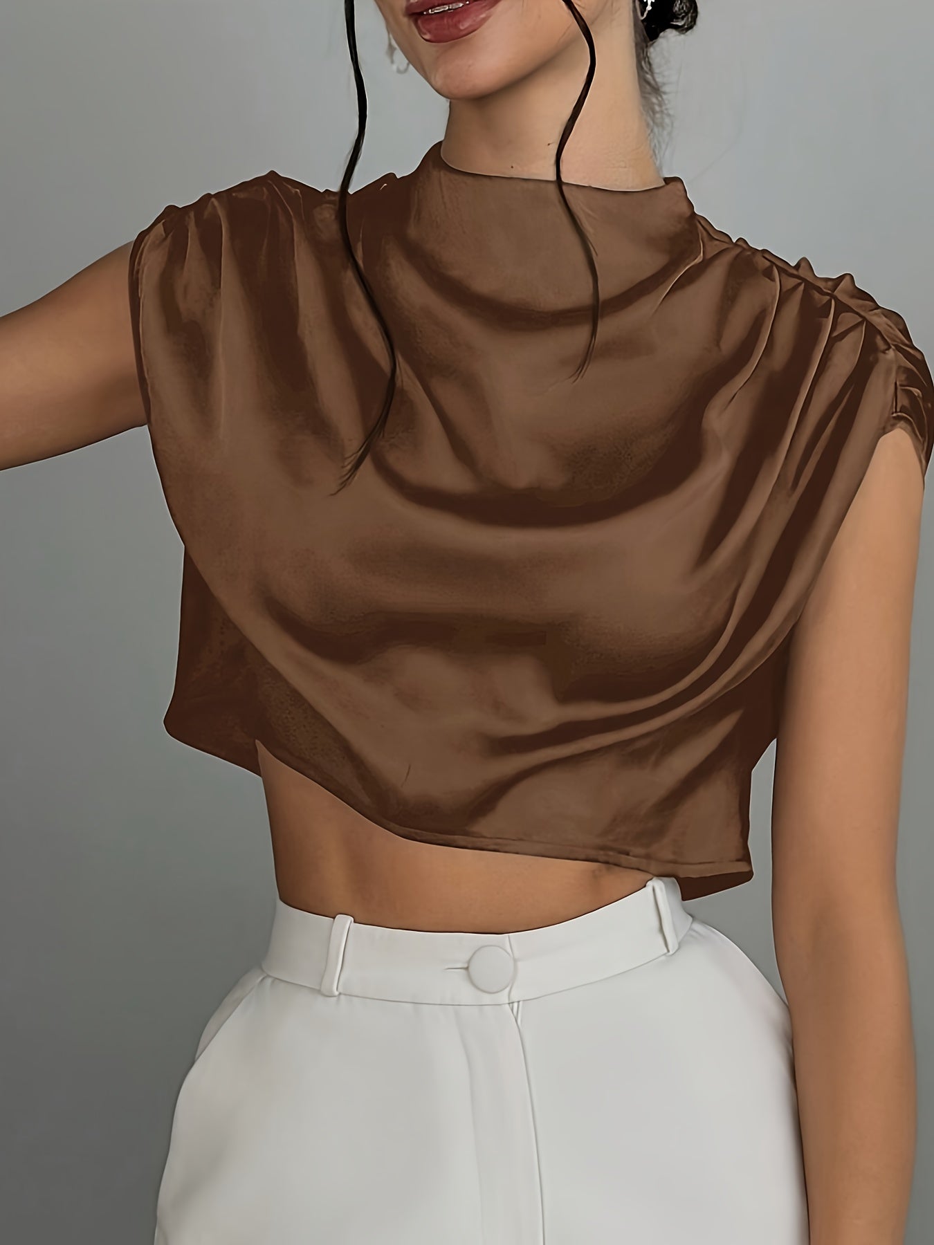 Women's High Neck Satin Drape Top with Structured Shoulders and Cropped Fit