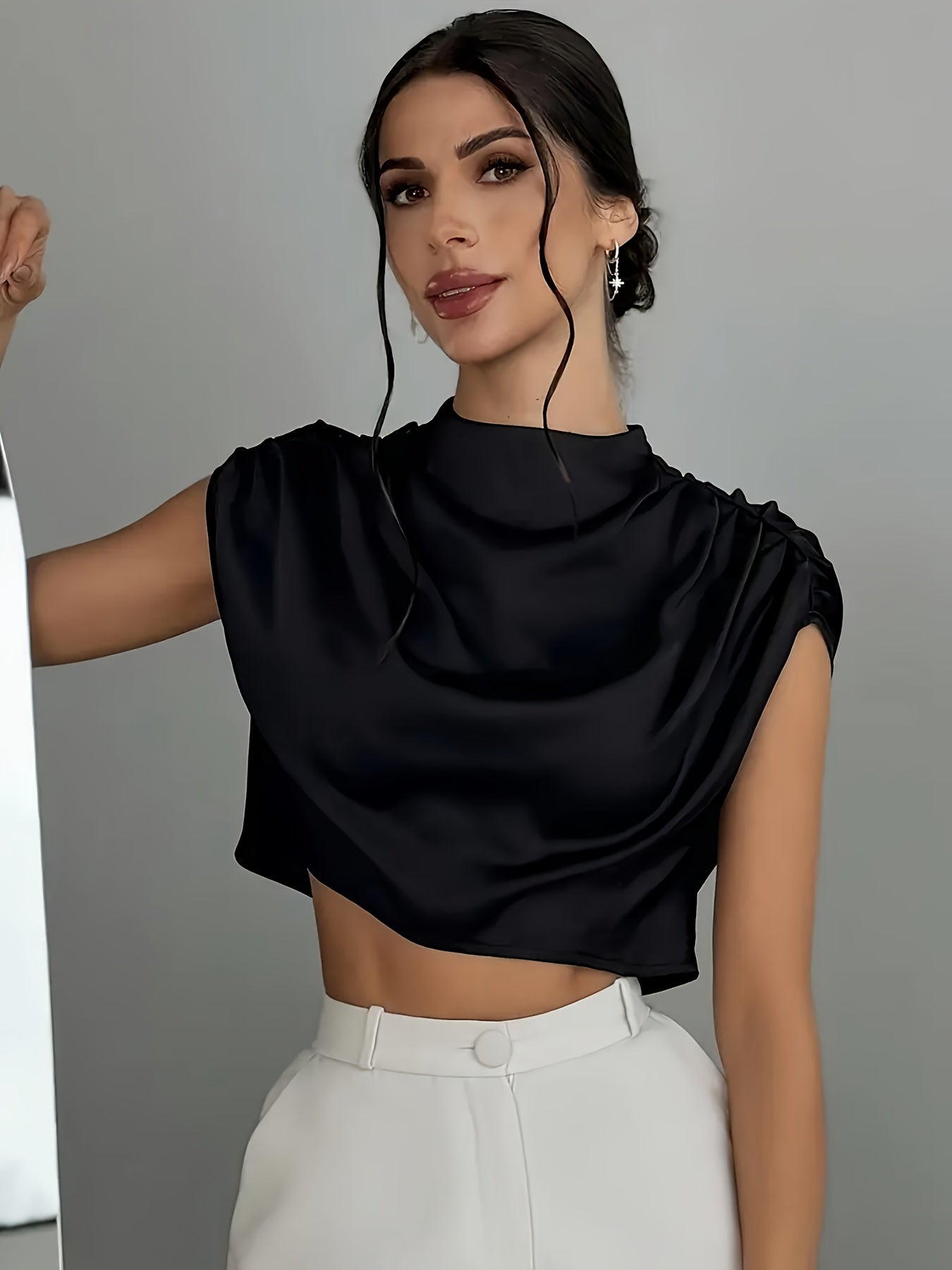 Women's High Neck Satin Drape Top with Structured Shoulders and Cropped Fit