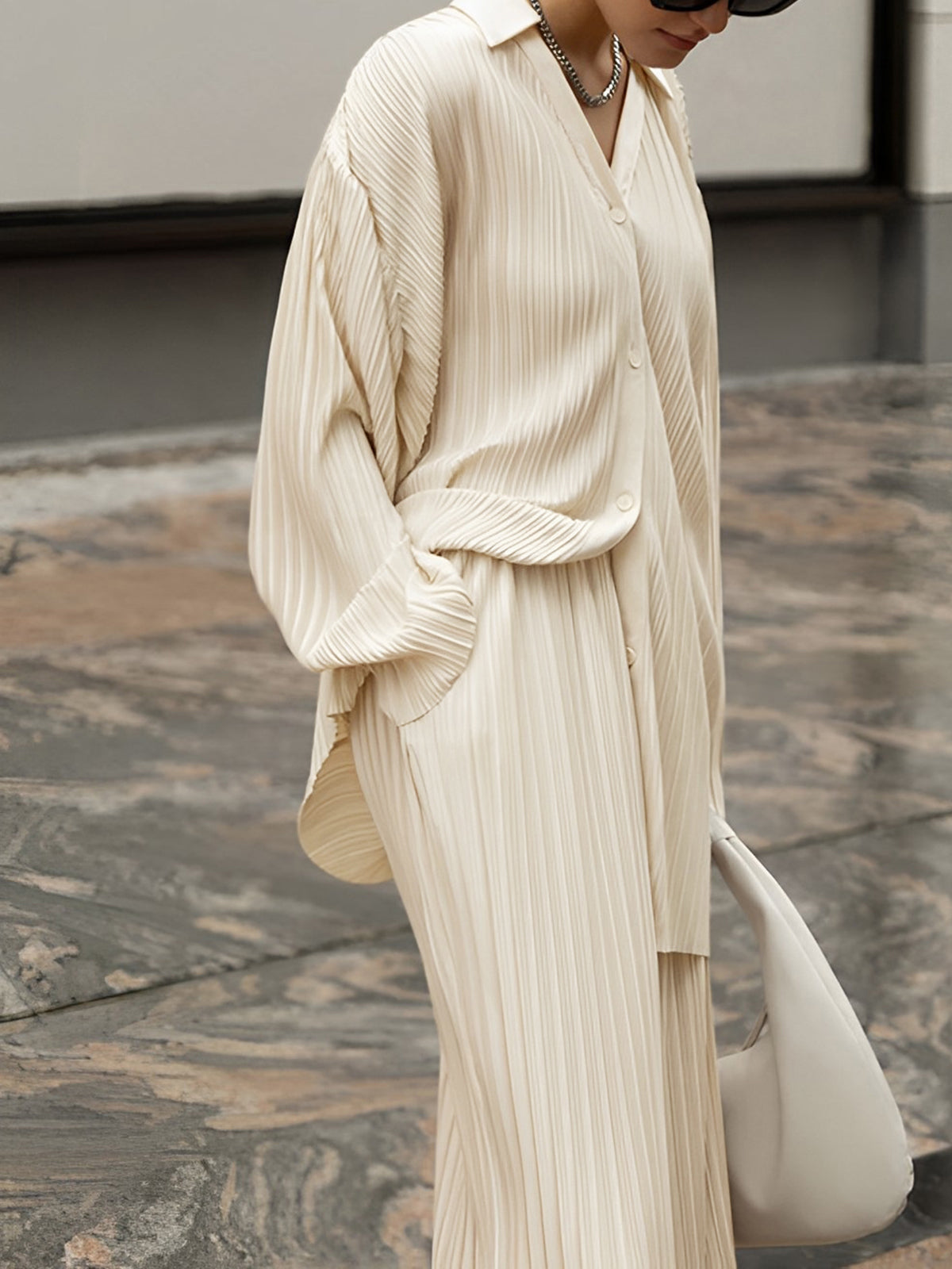 Pleated Skirt with Oversized Fit and Pull-On Waist, Woven Polyester