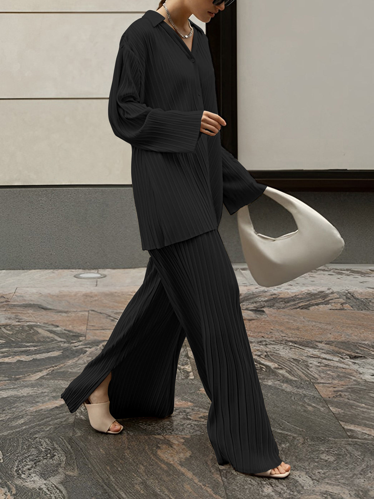 Pleated Skirt with Oversized Fit and Pull-On Waist, Woven Polyester