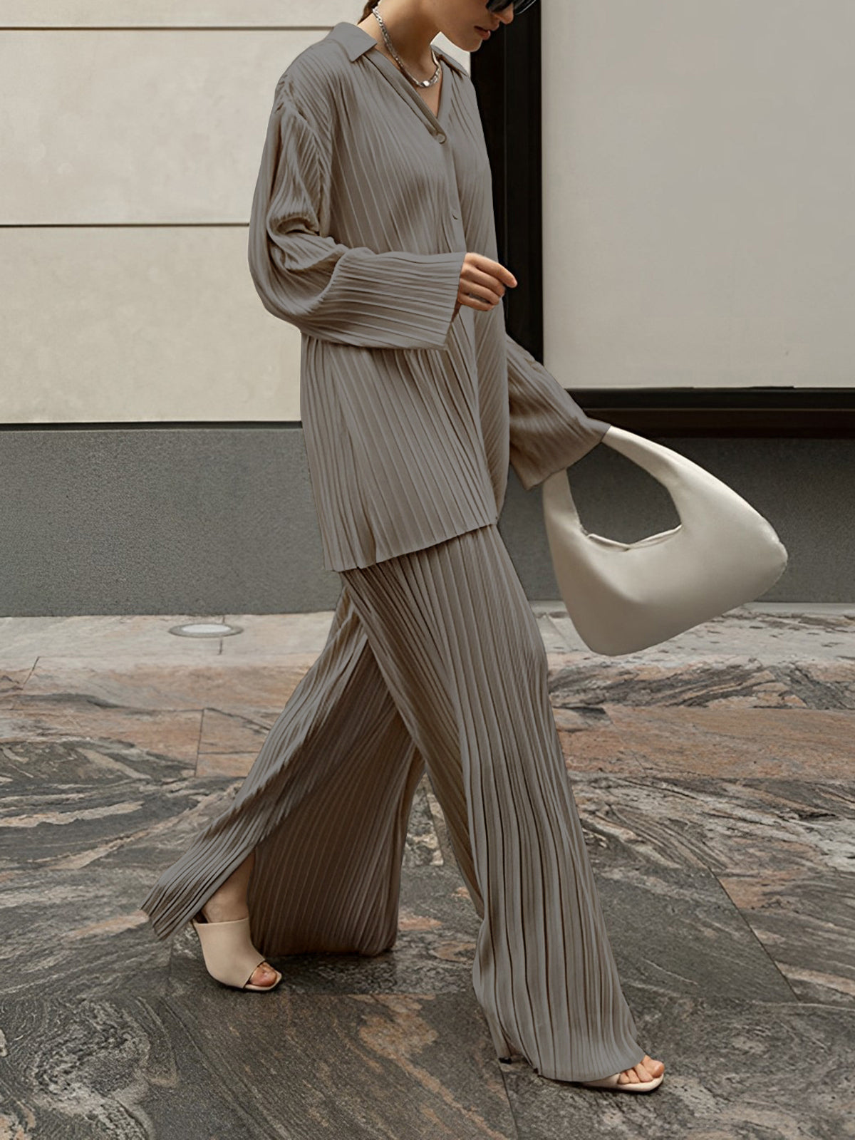 Pleated Skirt with Oversized Fit and Pull-On Waist, Woven Polyester