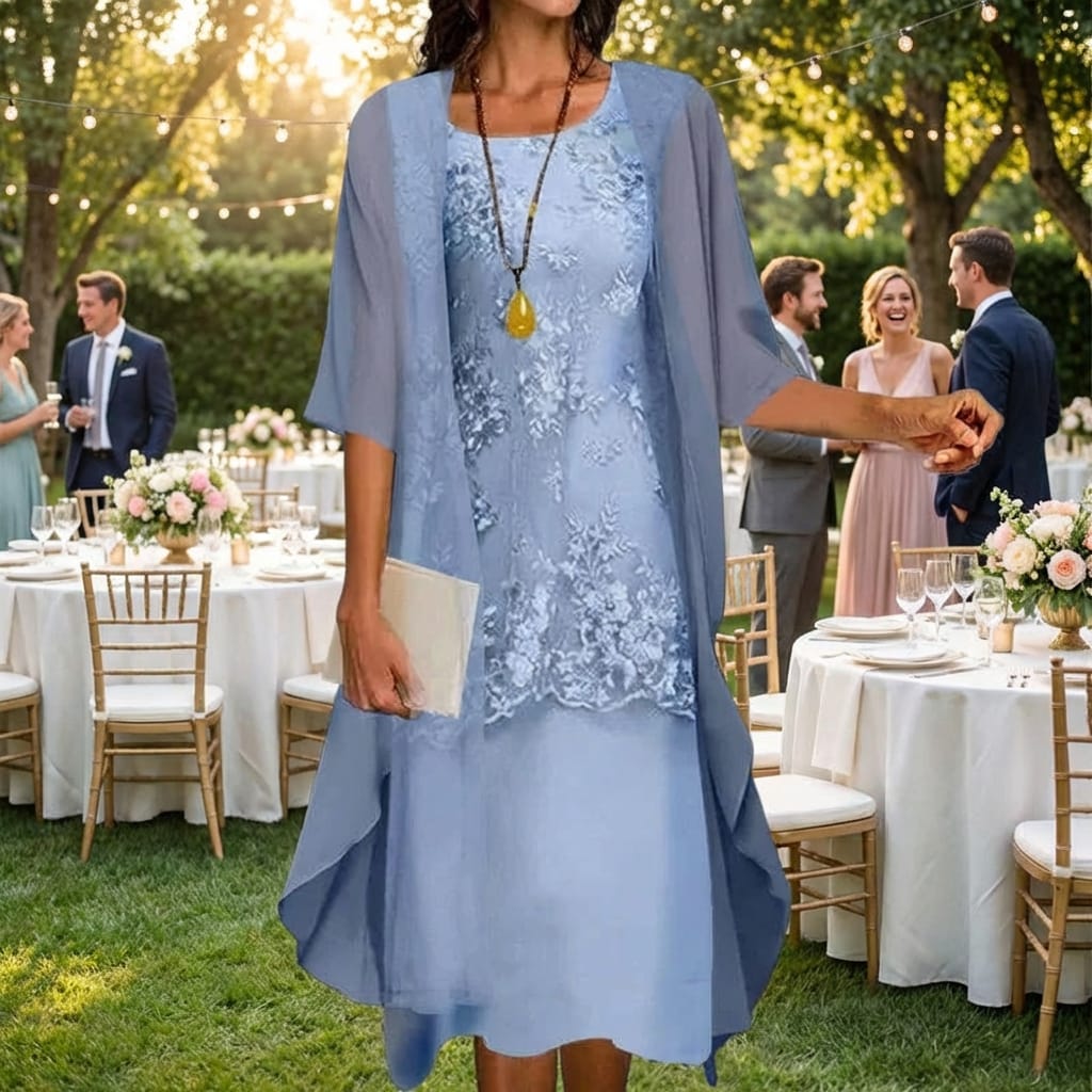 Mother of the Bride Midi Dress Set with Chiffon Jacket and Floral Print, Loose Fit