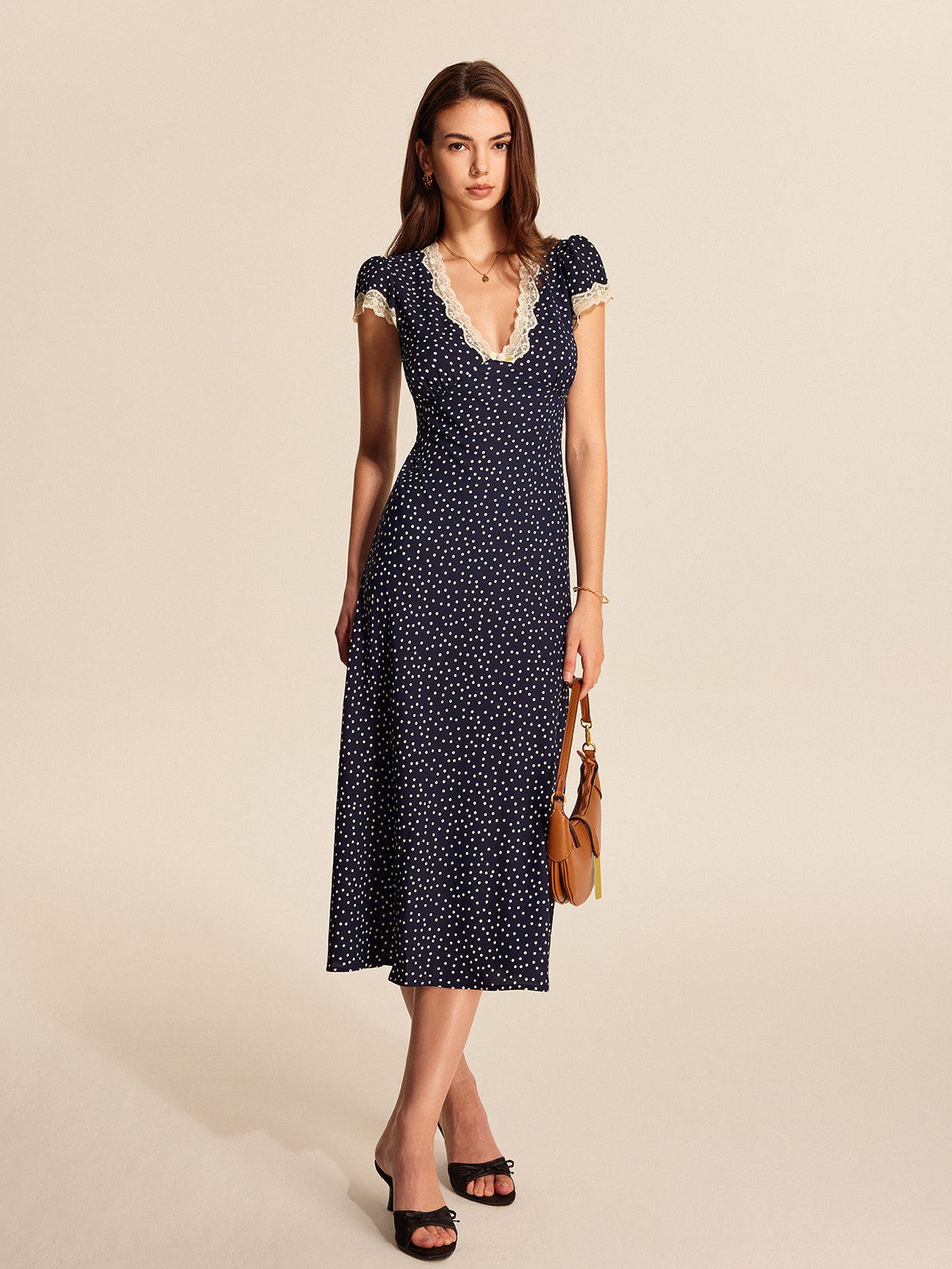 Polka Dot Maxi Dress with Lace Trim and V-Neck, Short Sleeves