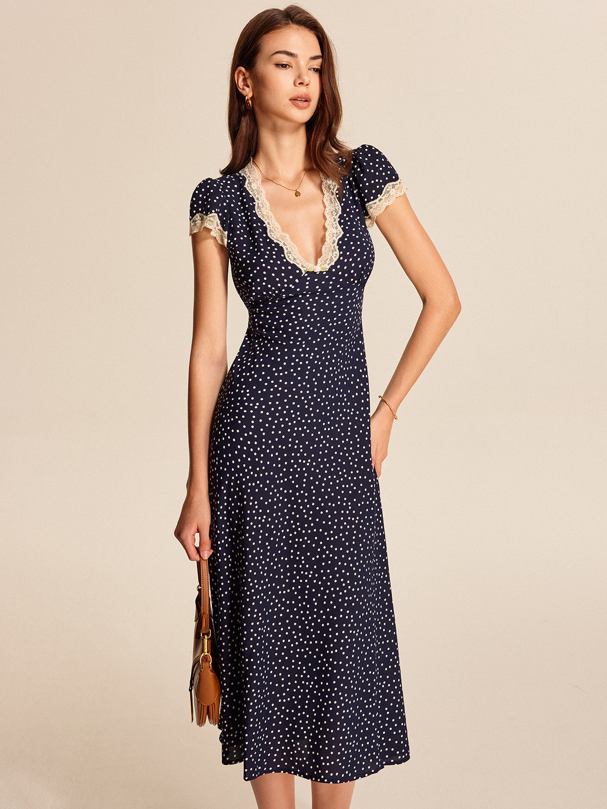 Polka Dot Maxi Dress with Lace Trim and V-Neck, Short Sleeves