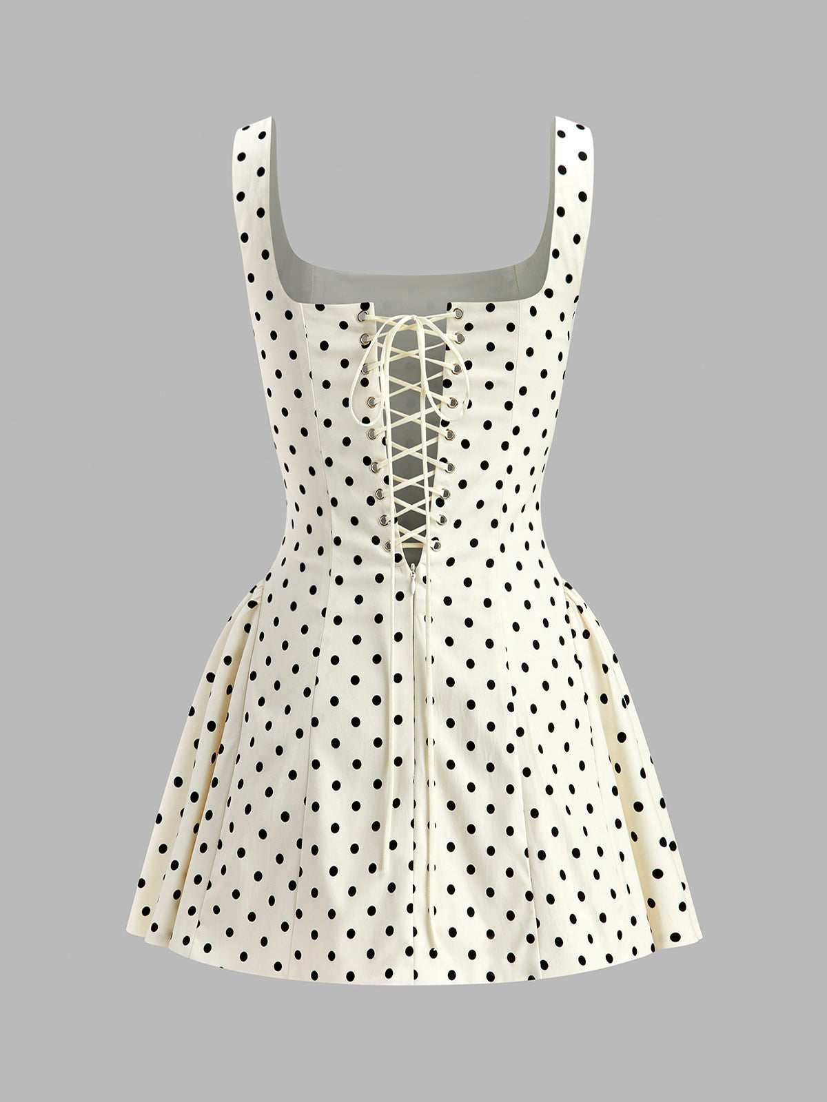 Polka Dot Dress with Square Neckline and Invisible Side Zipper, Sleeveless Short Fit