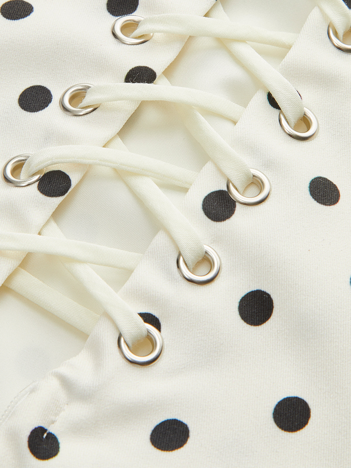 Polka Dot Dress with Square Neckline and Invisible Side Zipper, Sleeveless Short Fit
