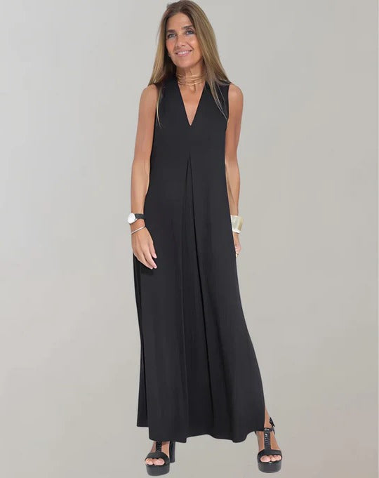 V Neck Dress with Sleeveless Cut and Loose Fit, Lightweight Ankle-Length