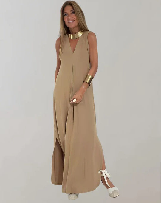 V Neck Dress with Sleeveless Cut and Loose Fit, Lightweight Ankle-Length