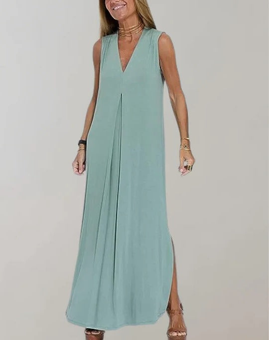 V Neck Dress with Sleeveless Cut and Loose Fit, Lightweight Ankle-Length