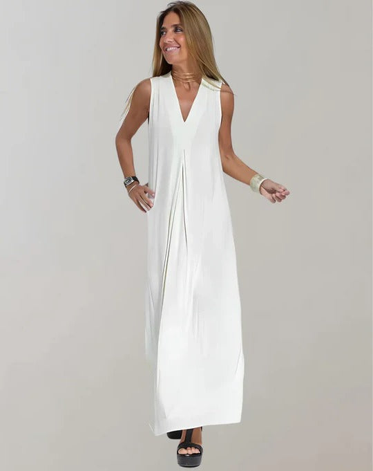 V Neck Dress with Sleeveless Cut and Loose Fit, Lightweight Ankle-Length
