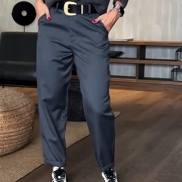 High Waist Straight Leg Pants with Wrinkle Resistant Stretch Fabric and Reinforced Seams