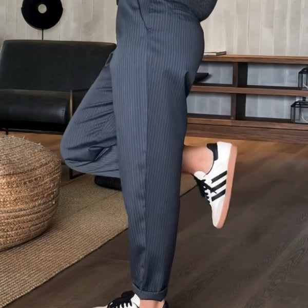 High Waist Straight Leg Pants with Wrinkle Resistant Stretch Fabric and Reinforced Seams