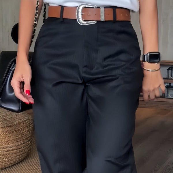 High Waist Straight Leg Pants with Wrinkle Resistant Stretch Fabric and Reinforced Seams