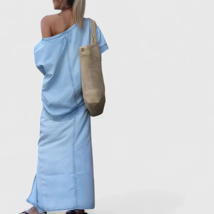 Asymmetrical Shoulder Top with Denim Maxi Skirt and Front Slit