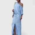 Asymmetrical Shoulder Top with Denim Maxi Skirt and Front Slit