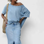 Asymmetrical Shoulder Top with Denim Maxi Skirt and Front Slit