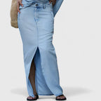 Asymmetrical Shoulder Top with Denim Maxi Skirt and Front Slit