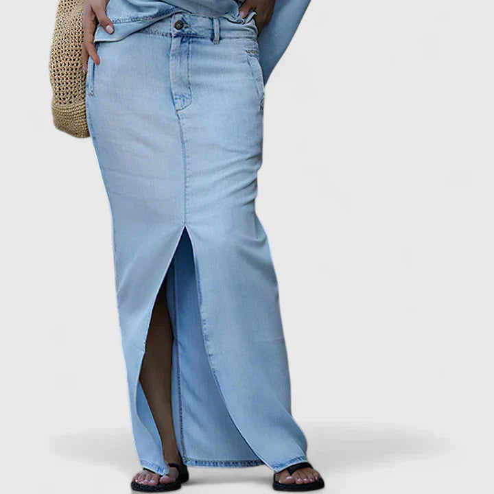 Asymmetrical Shoulder Top with Denim Maxi Skirt and Front Slit