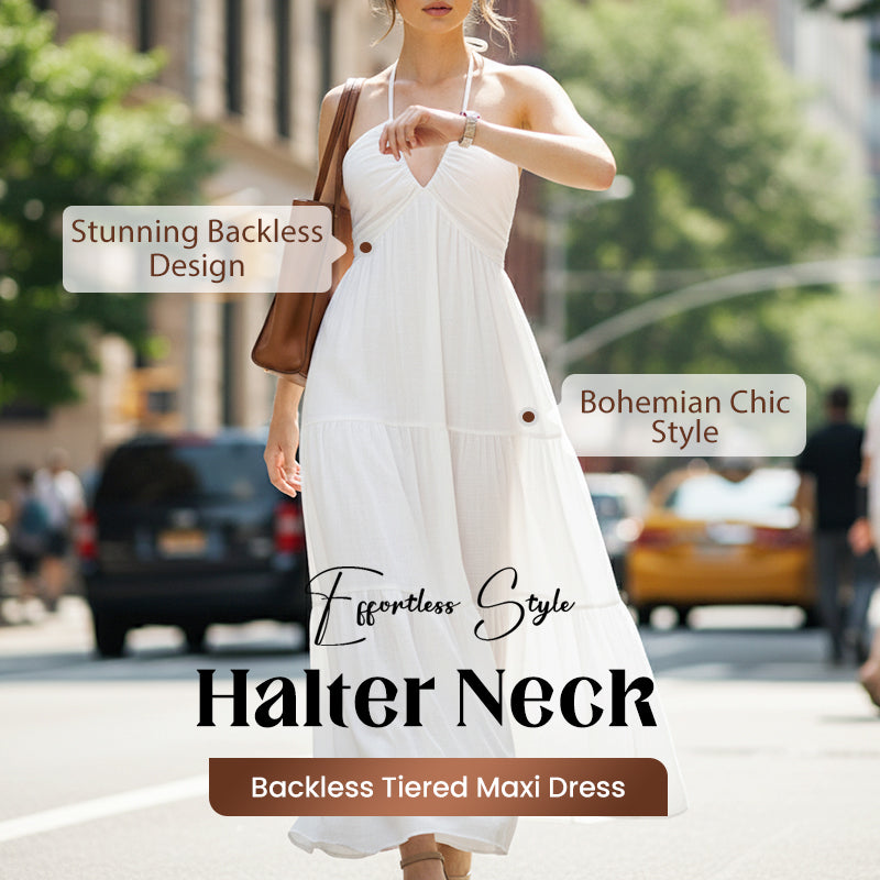 Halter Neck Maxi Dress with Open Back Tie Closure and Tiered Skirt