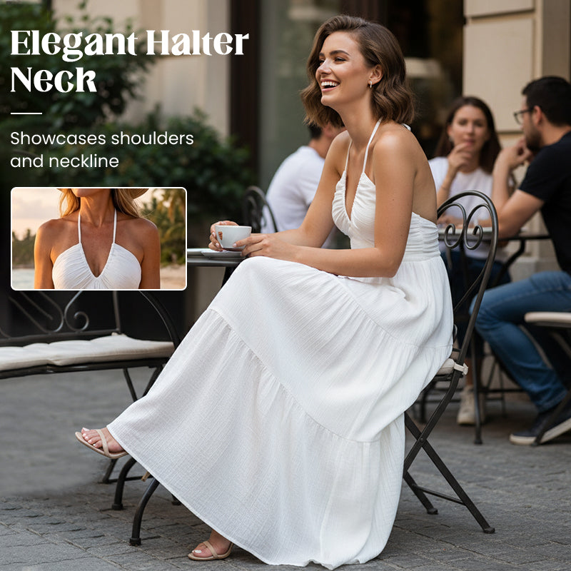 Halter Neck Maxi Dress with Open Back Tie Closure and Tiered Skirt