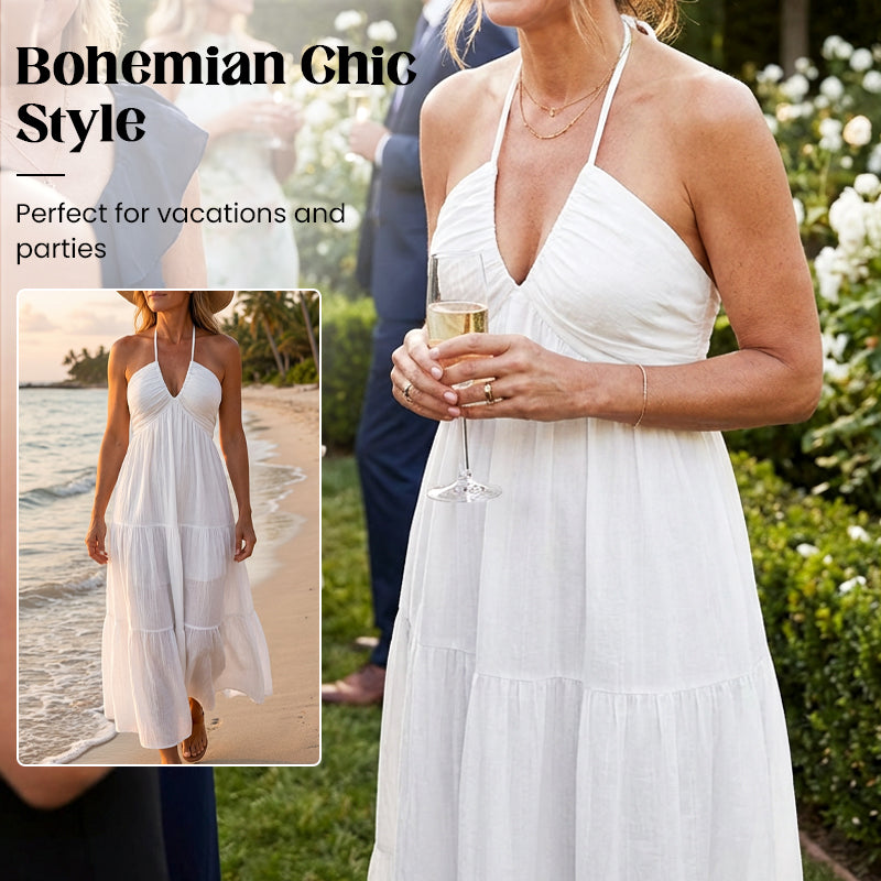 Halter Neck Maxi Dress with Open Back Tie Closure and Tiered Skirt