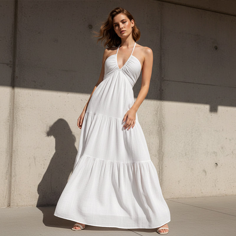 Halter Neck Maxi Dress with Open Back Tie Closure and Tiered Skirt
