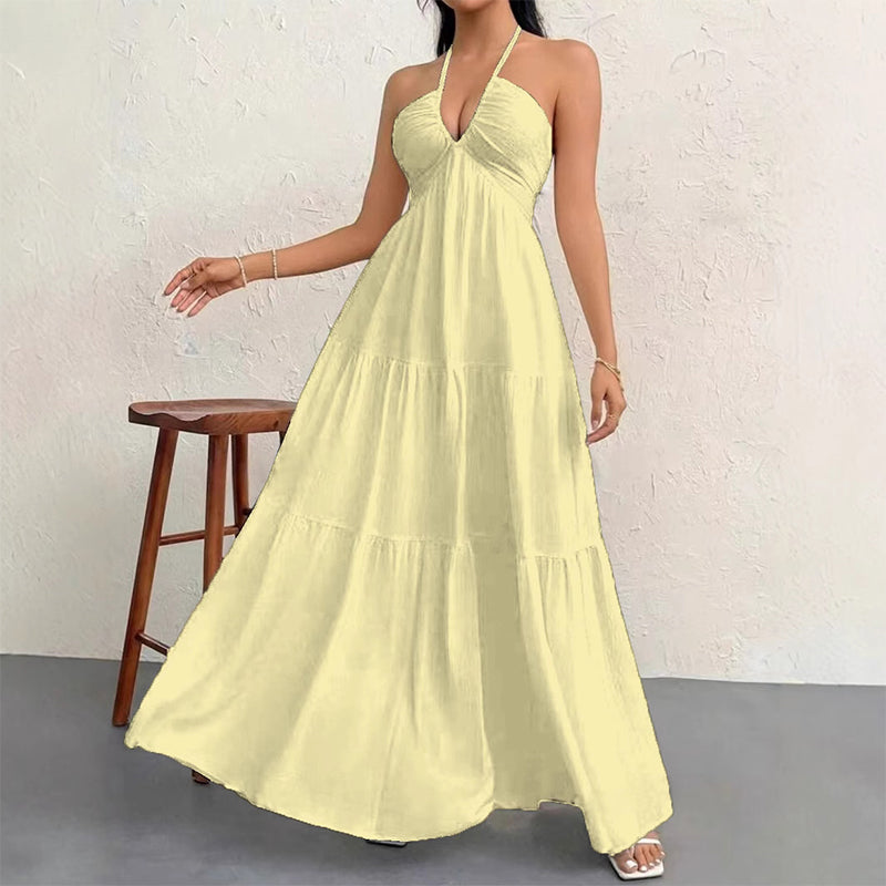 Halter Neck Maxi Dress with Open Back Tie Closure and Tiered Skirt