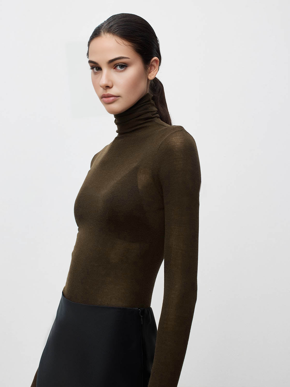 Knit Dress with Turtleneck and Wool-Blend Stretch Fabric, Hip to Mid-Thigh Length