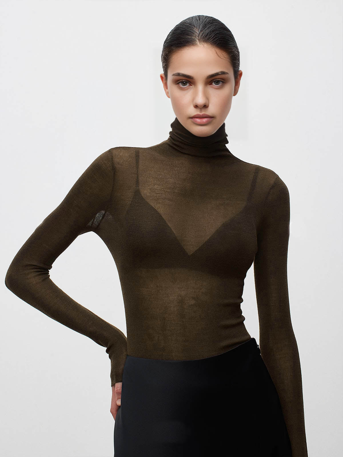Knit Dress with Turtleneck and Wool-Blend Stretch Fabric, Hip to Mid-Thigh Length